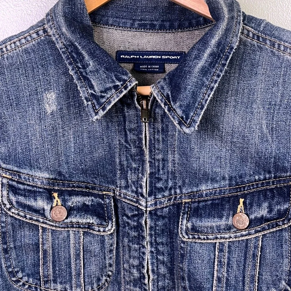 VTG Ralph Lauren Sport Denim Trucker Cropped Distressed Jacket Zip Medium Woman - Picture 2 of 8